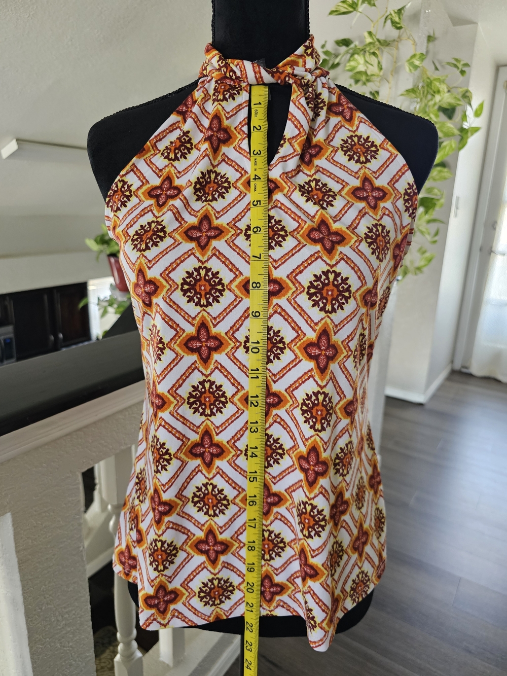 TEA PLEASE - Halter Neck Printed Women’s Top - Orange Floral Pattern - S - - Picture 7 of 9